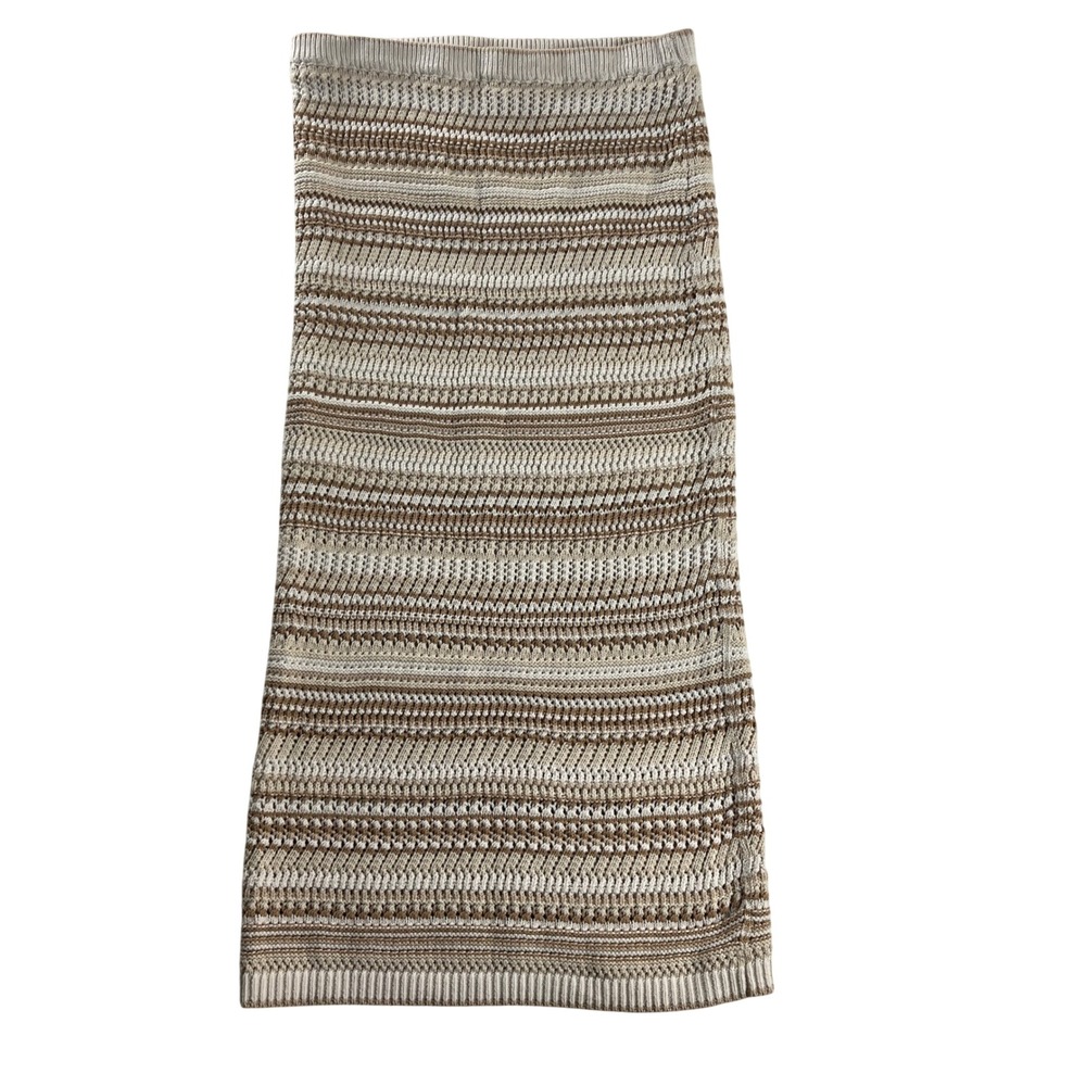 Rachel Zoe Womens Pull On Knit Maxi Skirt M Tan Cream Pointelle Column Boho